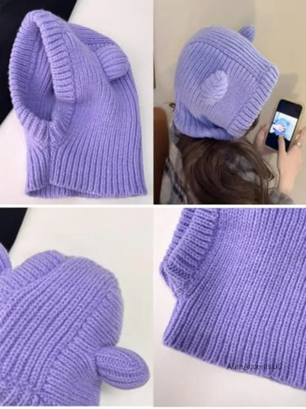 Knit Winter Hat Women Cute Bear Balaclava Warm Hooded Scarf Beanie Skull Cap